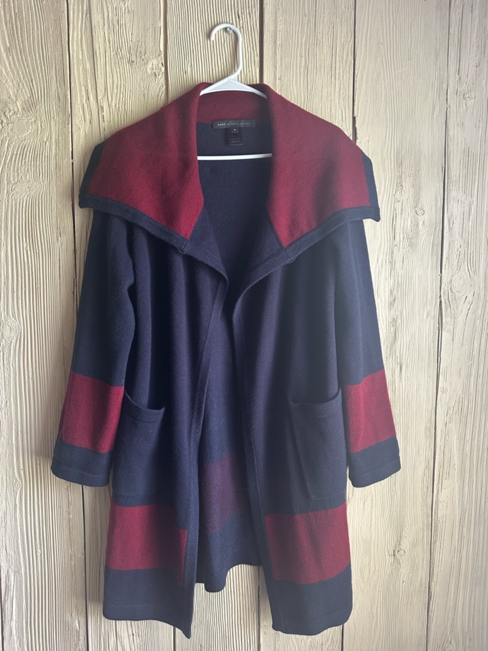 Marc By Marc Jacobs 100% Wool Navy and Burgundy Open-Front Cardigan Coat SM-XL